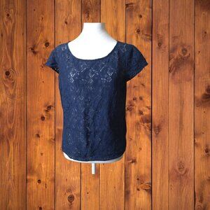 Alex + Alex Women's Size 4 Blue Lace Pullover Transparent Blouse Short Sleeve